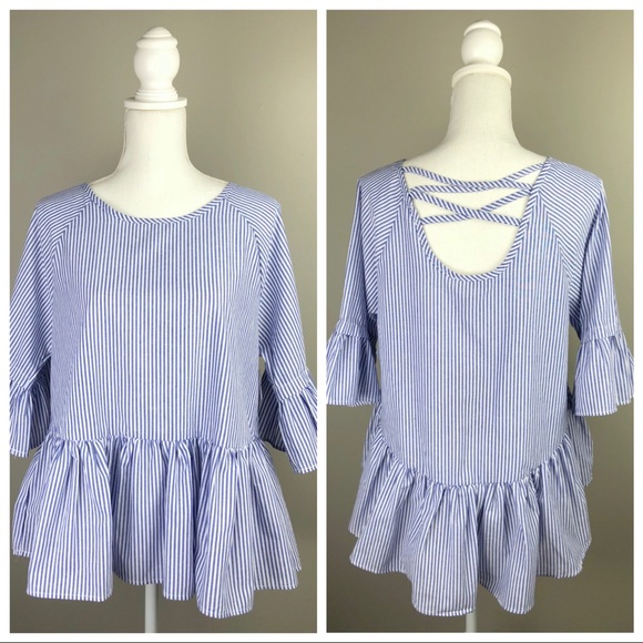 Listicle Tops - Listicle Seersucker Ruffle Hem & Sleeve Top Blue